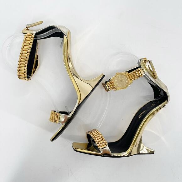 Giuseppe Zanotti for Christian Cowan Gold Watch Buckle Wedge Sandals IT 37.5 - Picture 5 of 15